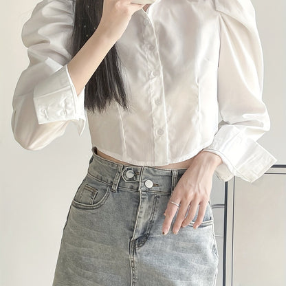 Antmvs Puff Sleeve Button Front Blouse, Casual Solid Color Lapel Crop Blouse For Spring & Fall, Women's Clothing