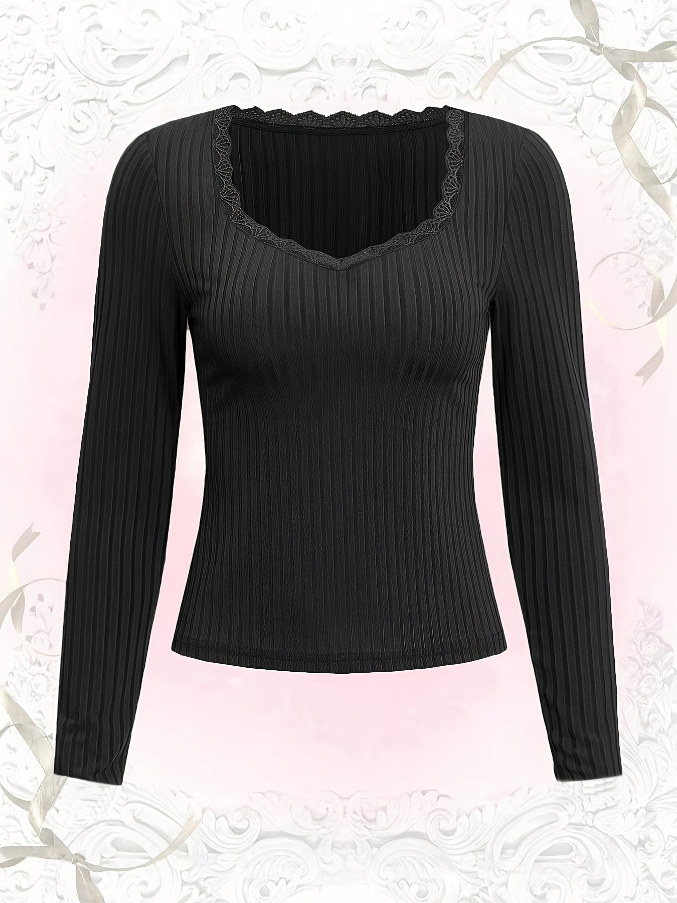 Antmvs Plus Size Basic Thermal Top, Women's Plus Ribbed Contrast Lace Trim Long Sleeve Sweetheart Neck Slim Fit Tee