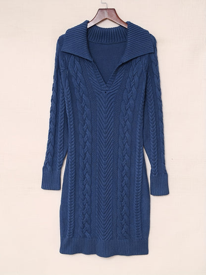 Antmvs Solid Cable Knit Sweater Dress, Elegant V Neck Long Sleeve Mini Dress, Women's Clothing