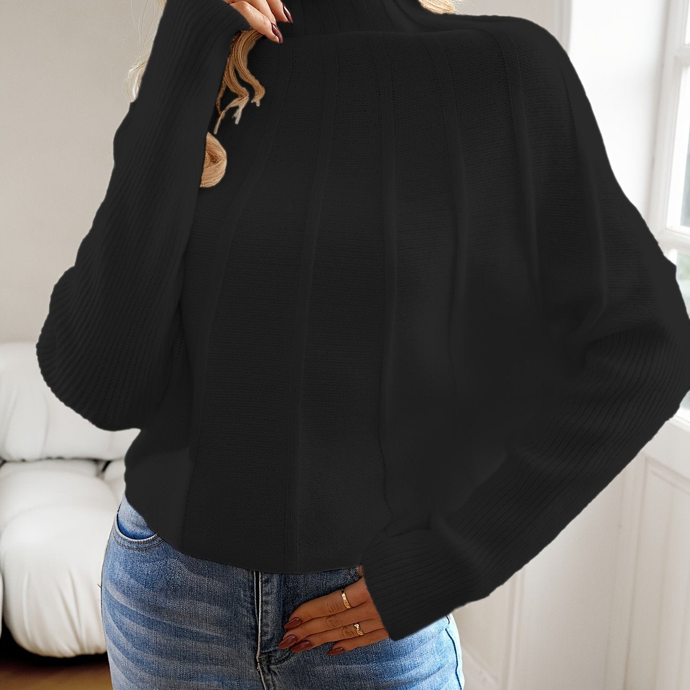 Antmvs Mock Neck Batwing Sleeve Sweater, Elegant Solid Loose Sweater For Fall & Winter, Women's Clothing