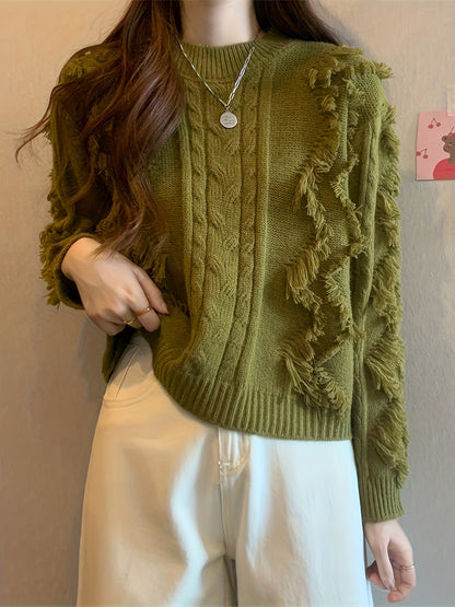 Antmvs Solid Tassel Decor Sweater, Versatile Long Sleeve Crew Neck Sweater, Women's Clothing