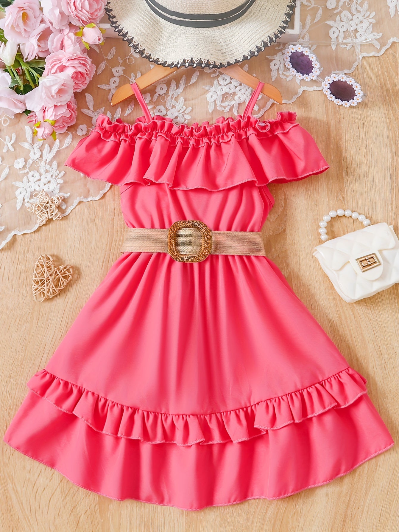 Charming Girls Solid Ruffle Trim Dress - Fashionable Belted Waist for Summer Parties & Holidays - Premium Quality, Comfortable, Ideal Gift