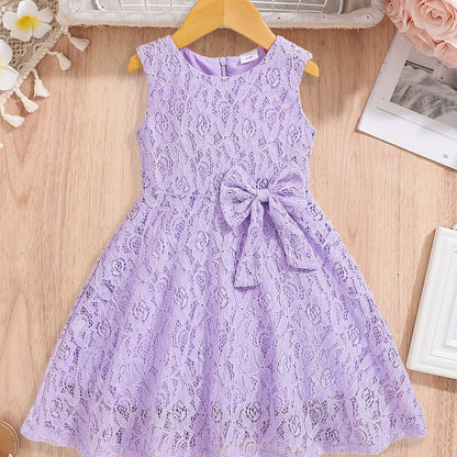 3-10 Years Old Girls Lovely Sleeveless Fit and Flare Lace Party Dress with Bowknot Front - Knee High, Non-Stretch, Solid Color, Casual Style for Summer