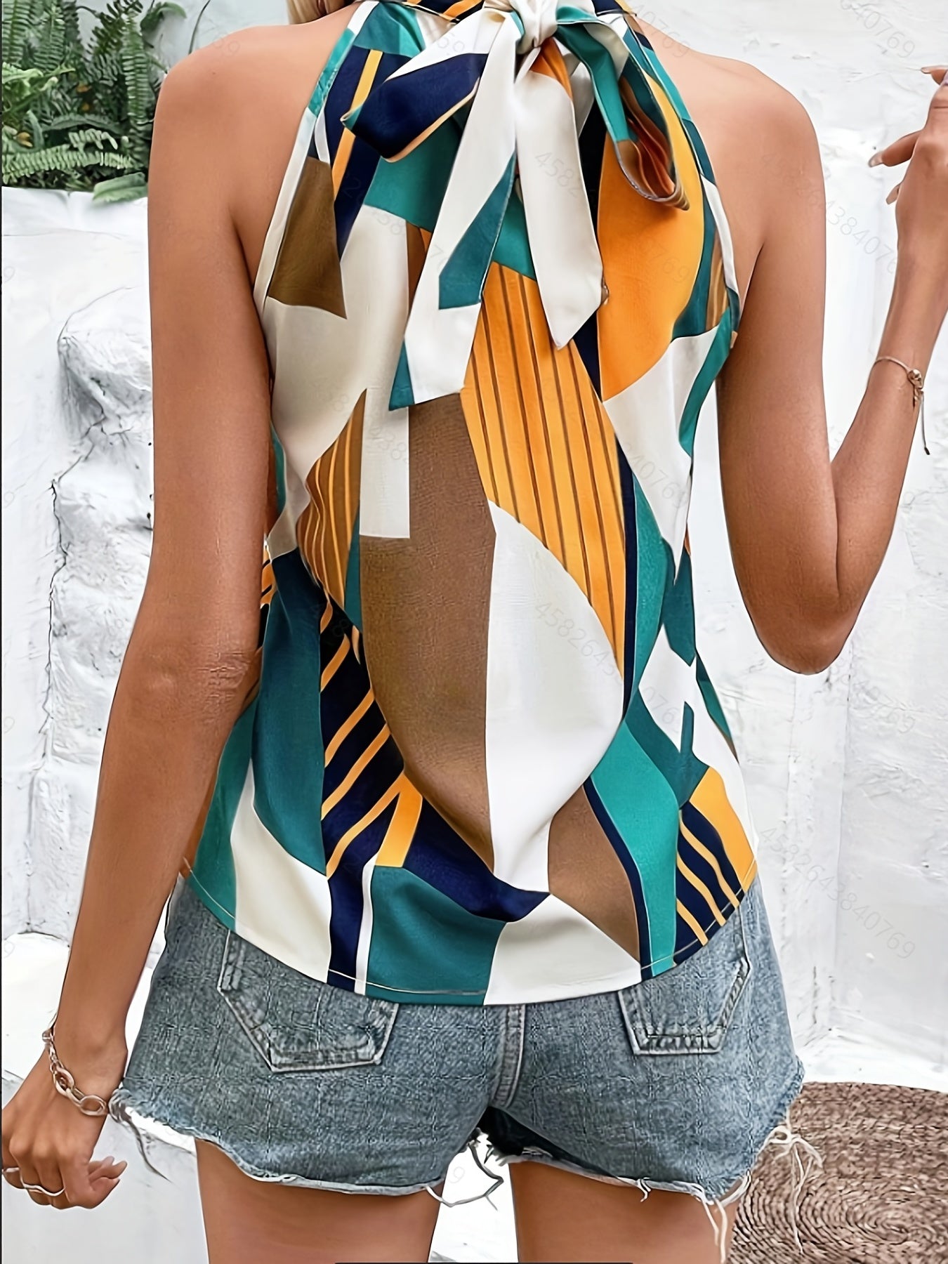 Antmvs  Geo Print Halter Neck Blouse, Casual Sleeveless Blouse For Spring & Summer, Women's Clothing