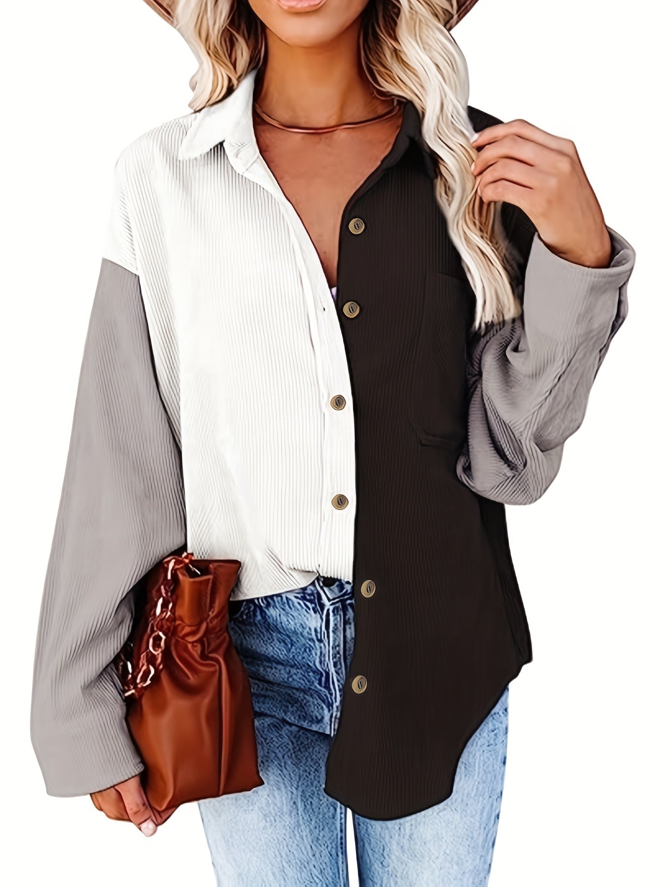 Antmvs Color Block Drop Shoulder Shirt, Casual Button Front Long Sleeve Shirt, Women's Clothing