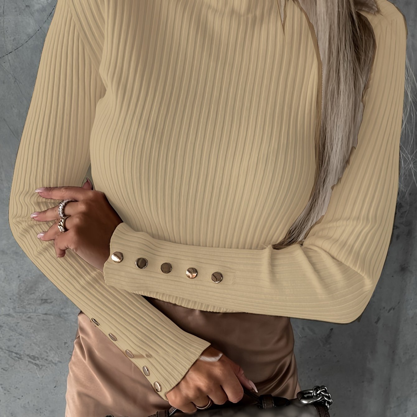 Antmvs High Neck Ribbed Thin Fabric Top, Casual Button Long Sleeve Pullover, Women's Clothing