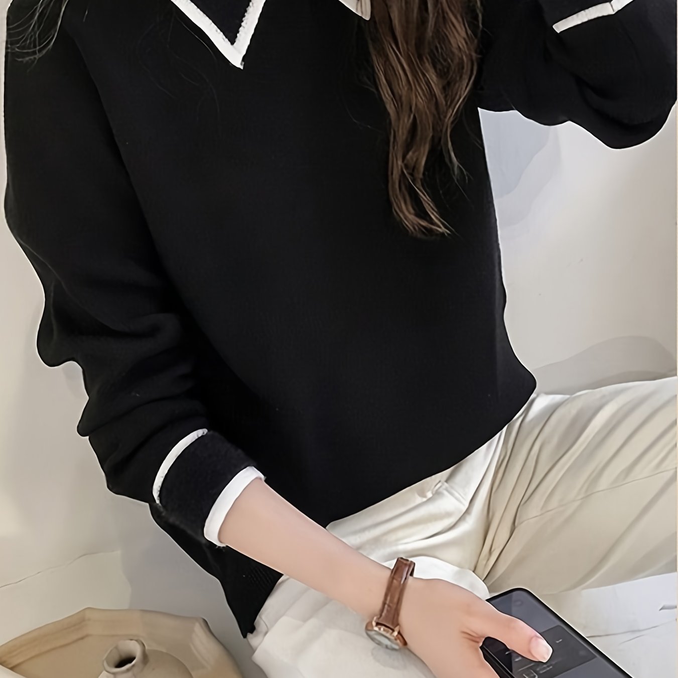 Antmvs Contrast Trim Pullover Sweater, Casual Long Sleeve Drop Shoulder Sweater, Women's Clothing