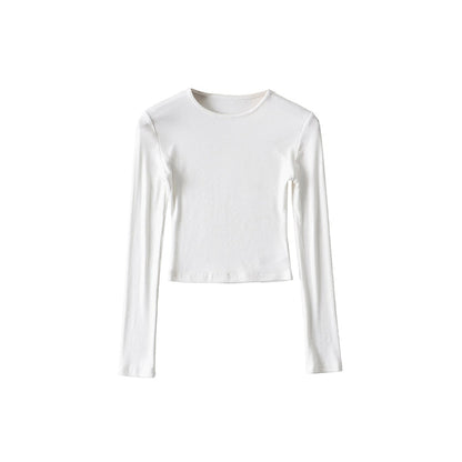 Antmvs Willy Solid Color Ribbed Round Neck Slim Long Sleeve Cropped Bodysuit Top