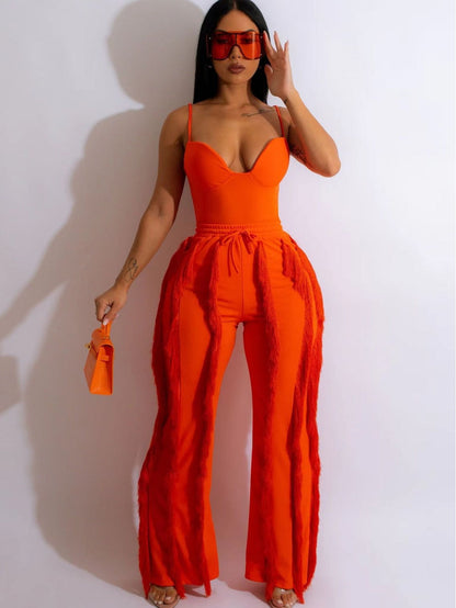 Antmvs -  New European and American Women's Clothing Hot Sale Solid Color Tassel Two-piece Suit