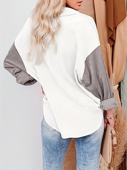 Antmvs Color Block Drop Shoulder Shirt, Casual Button Front Long Sleeve Shirt, Women's Clothing