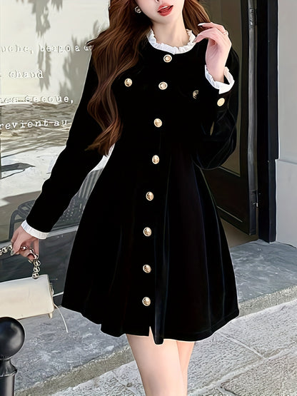 Antmvs Solid Button Front Waist Velvet Dress, Elegant Long Sleeve Frill Trim Dress, Women's Clothing