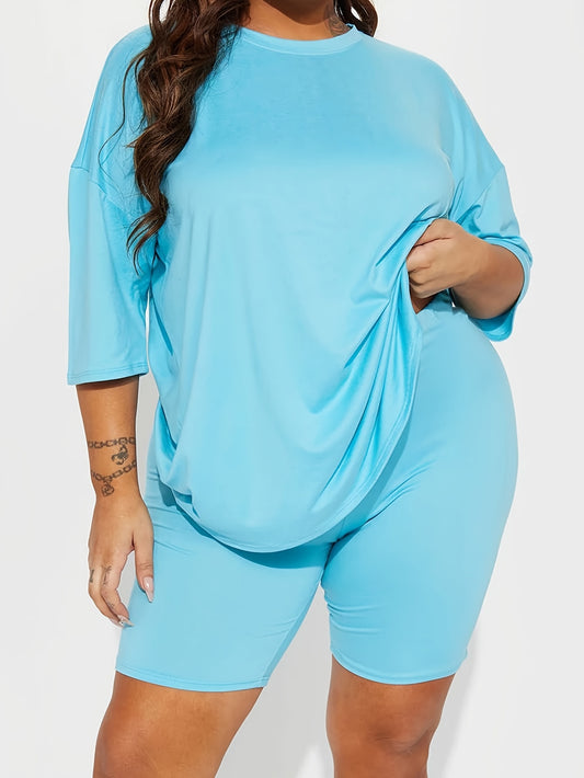 2-Piece Plus Size Sporty Chic Outfit Set - Plus Size Sports Sets - Comfortable Co-ord with Oversized Drop Shoulder Tee and Shorts for Summer, Solid Color, Casual, Relaxed Fit, Breathable Fabric