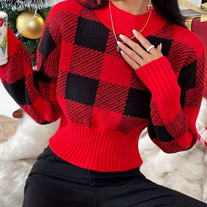 Antmvs Christmas Plaid Mock Neck Pullover Sweater, Casual Cinched Waist Long Sleeve Sweater, Women's Clothing