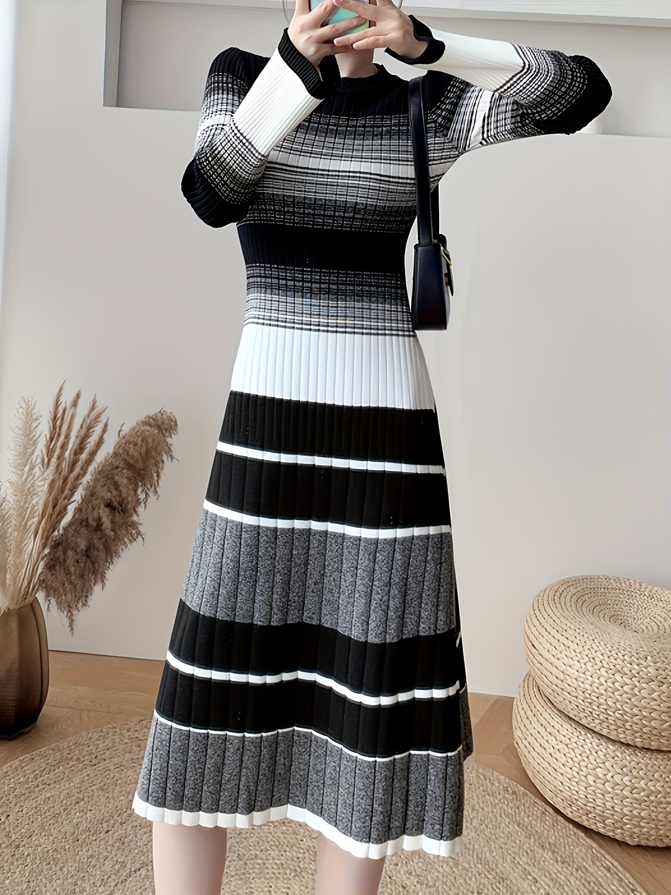 Antmvs Striped Print Long Sleeve Knit Dress, Elegant Crew Neck A-line Dress, Women's Clothing