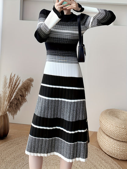 Antmvs Striped Print Long Sleeve Knit Dress, Elegant Crew Neck A-line Dress, Women's Clothing