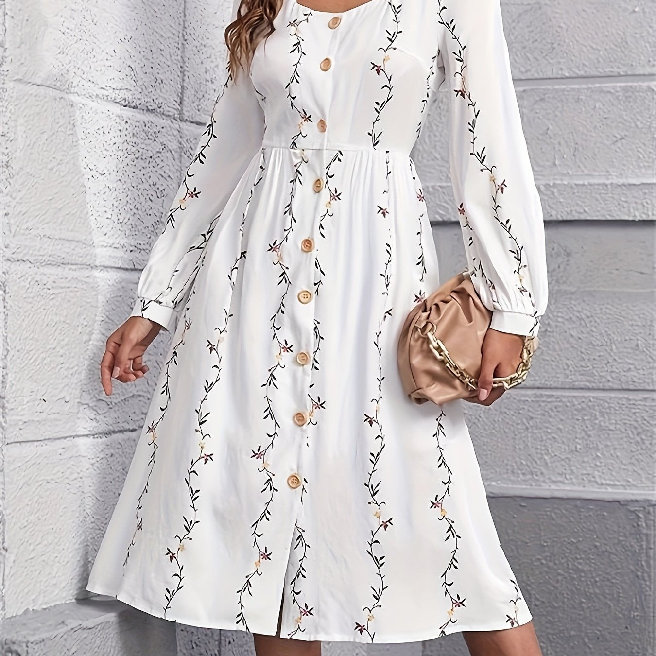 Antmvs Floral Print Button Front Dress, Elegant Long Sleeve A-line Dress, Women's Clothing