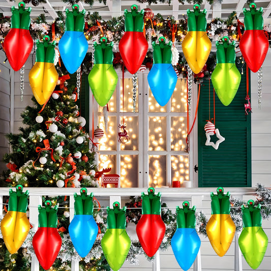 60pcs Christmas Light Bulb Shaped Balloons - Inflatable Foil Xmas Decorations with 98 Feet Nylon Rope for Party Decor, Festive Holiday Celebrations, and Winter Wonderland Themes