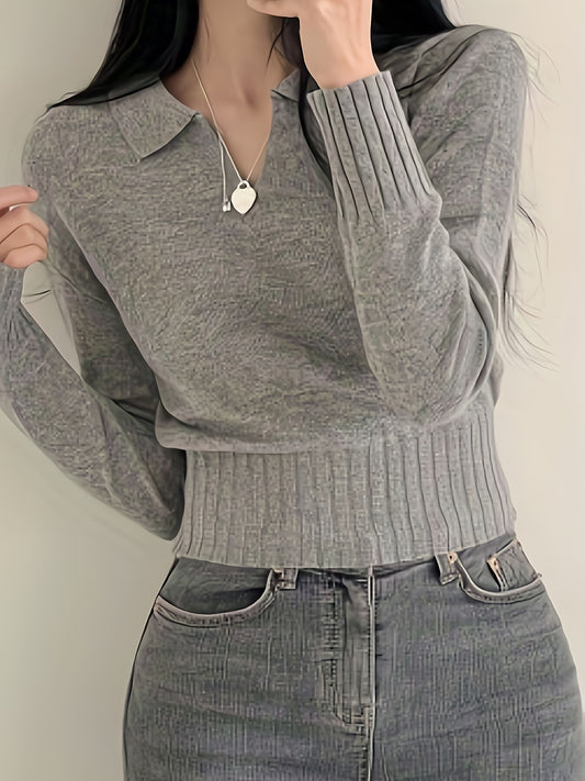 Antmvs Solid Notched  Collar Pullover Sweater, Casual Long Sleeve Crop Sweater For Spring & Fall, Women's Clothing