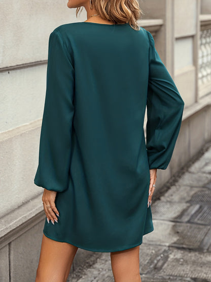 Antmvs Notched Neck Simple Dress, Elegant Lantern Long Sleeve Mini Dress, Women's Clothing