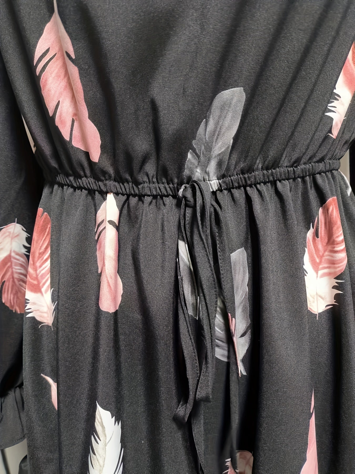 Antmvs Feather Print Ruffle Trim Dress, Elegant Tie Front Keyhole Dress, Women's Clothing