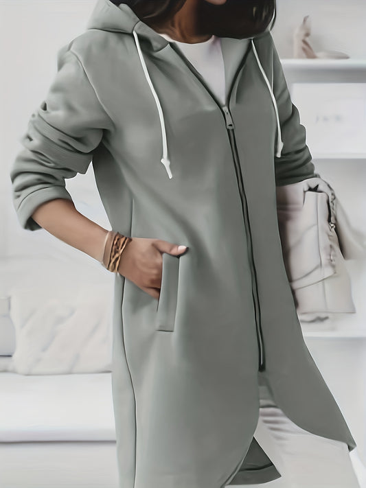 Antmvs Plus Size Casual Coat, Women's Plus Solid Zip Up Long Sleeve Drawstring Hooded Asymmetrical Hem Coat With Pockets