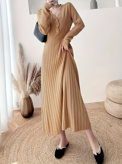 Antmvs Button Front Solid Midi Dress, Elegant V Neck Long Sleeve Dress, Women's Clothing