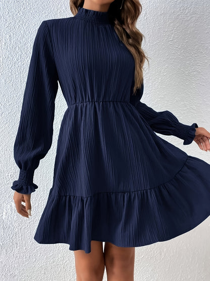 Antmvs Ruffle Hem Textured Solid Dress, Elegant Mock Neck Long Sleeve Dress, Women's Clothing