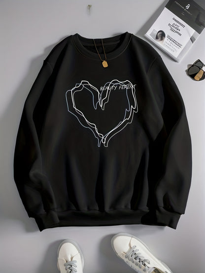 Antmvs Heart & Letter Print Pullover Sweatshirt, Casual Long Sleeve Crew Neck Sweatshirt For Fall & Winter, Women's Clothing