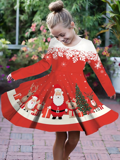 For Spring Fall Christmas Gift, Long Sleeve Girls Sweet Santa & Christmas Tree Graphic Dress