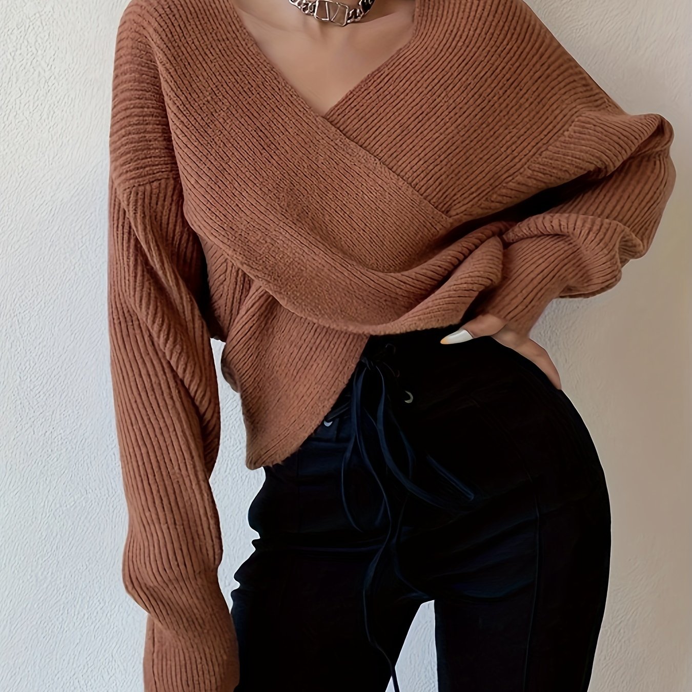 Antmvs Solid Cross Front Knit Sweater, Sexy V Neck Long Sleeve Loose Fashion Sweater, Women's Clothing