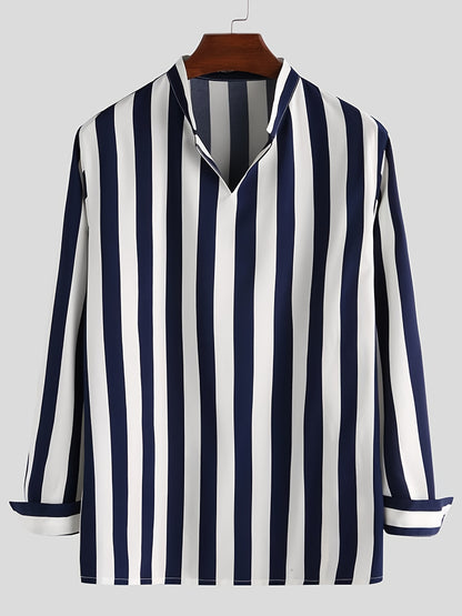 Antmvs Men's Casual Stripe V Neck Long Sleeve Shirt With No Button, Male Clothes For Spring And Summer