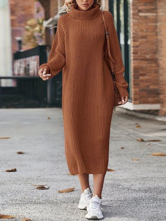 Antmvs Turtleneck Ribbed Sweater Dress, Casual Solid Long Sleeve Midi Dress, Women's Clothing