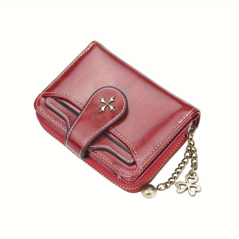 Women's Fashion Wallet With Snap Button Closure, Vintage Style, PU Leather, Zipper Coin Purse With Chain Keyring