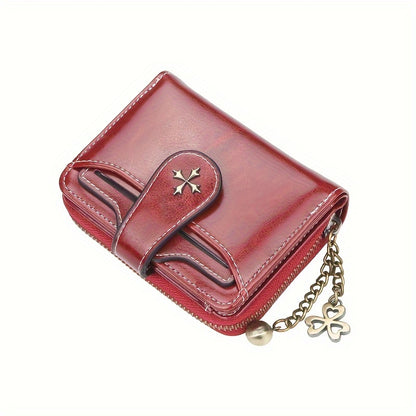 Women's Fashion Wallet With Snap Button Closure, Vintage Style, PU Leather, Zipper Coin Purse With Chain Keyring