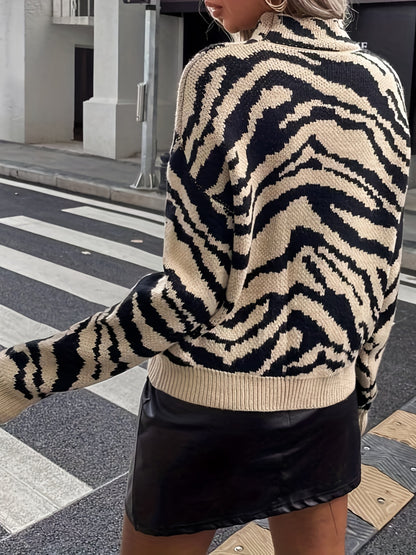 Antmvs Zebra Pattern Mock Neck Pullover Sweater, Casual Long Sleeve Sweater For Fall & Winter, Women's Clothing