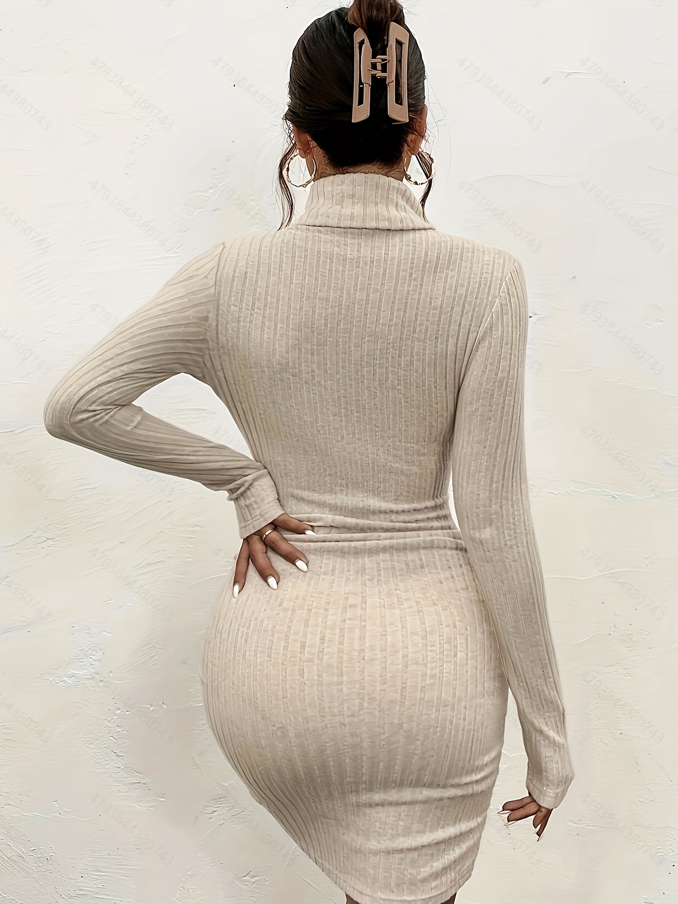 Antmvs Ribbed Turtleneck Solid Dress, Elegant Long Sleeve Bodycon Dress, Women's Clothing