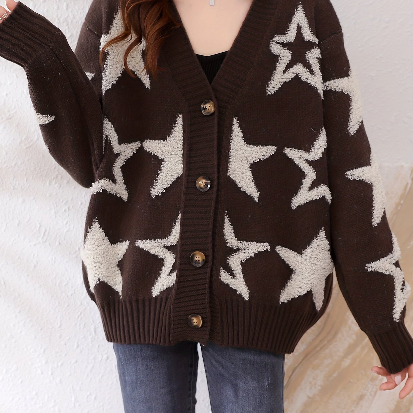Antmvs Star Pattern V Neck Button Cardigan, Elegant Long Sleeve Sweater For Fall & Winter, Women's Clothing