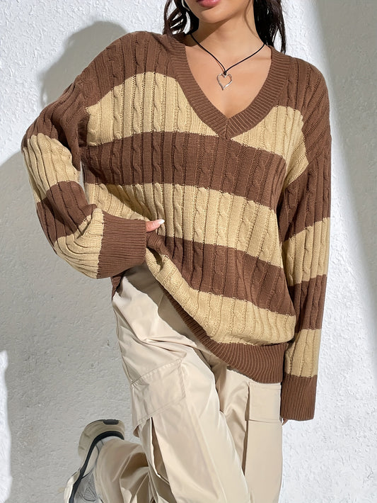 Antmvs Color Block V Neck Cable Knit Sweater, Casual Long Sleeve Drop Shoulder Sweater, Women's Clothing