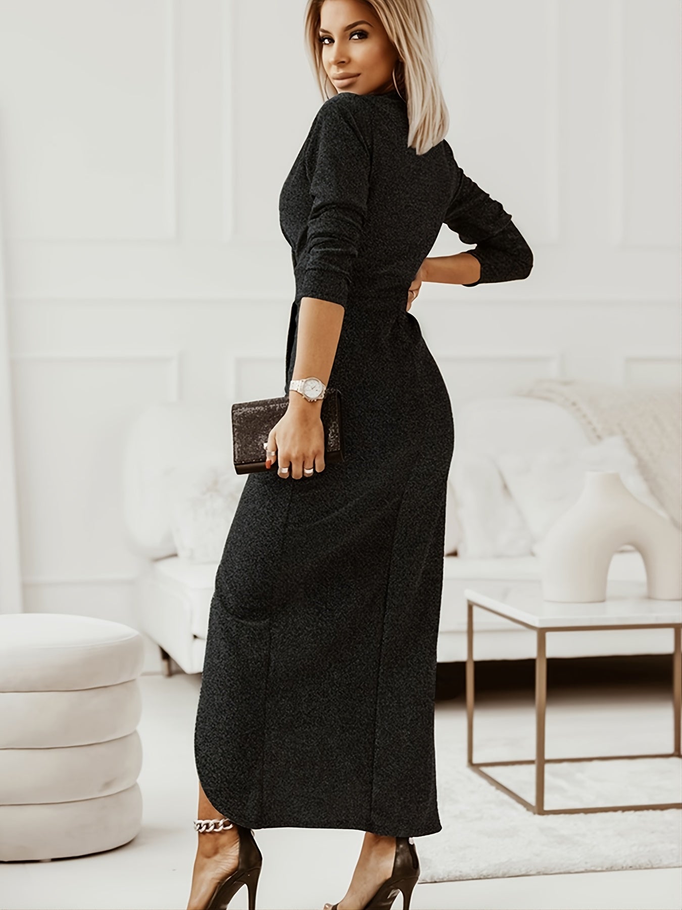 Antmvs Sexy V-neck Slit Waist Dress, Casual Solid Asymmetrical Long Sleeve Long Dresses, Women's Clothing