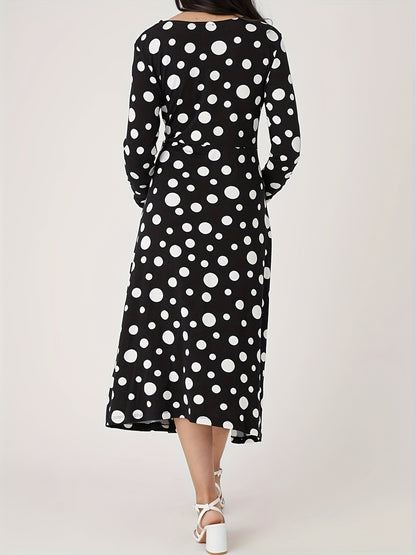 Antmvs Polka Dot Print Long Sleeve Dress, Casual V Neck Split Hem Dress For Spring & Fall, Women's Clothing