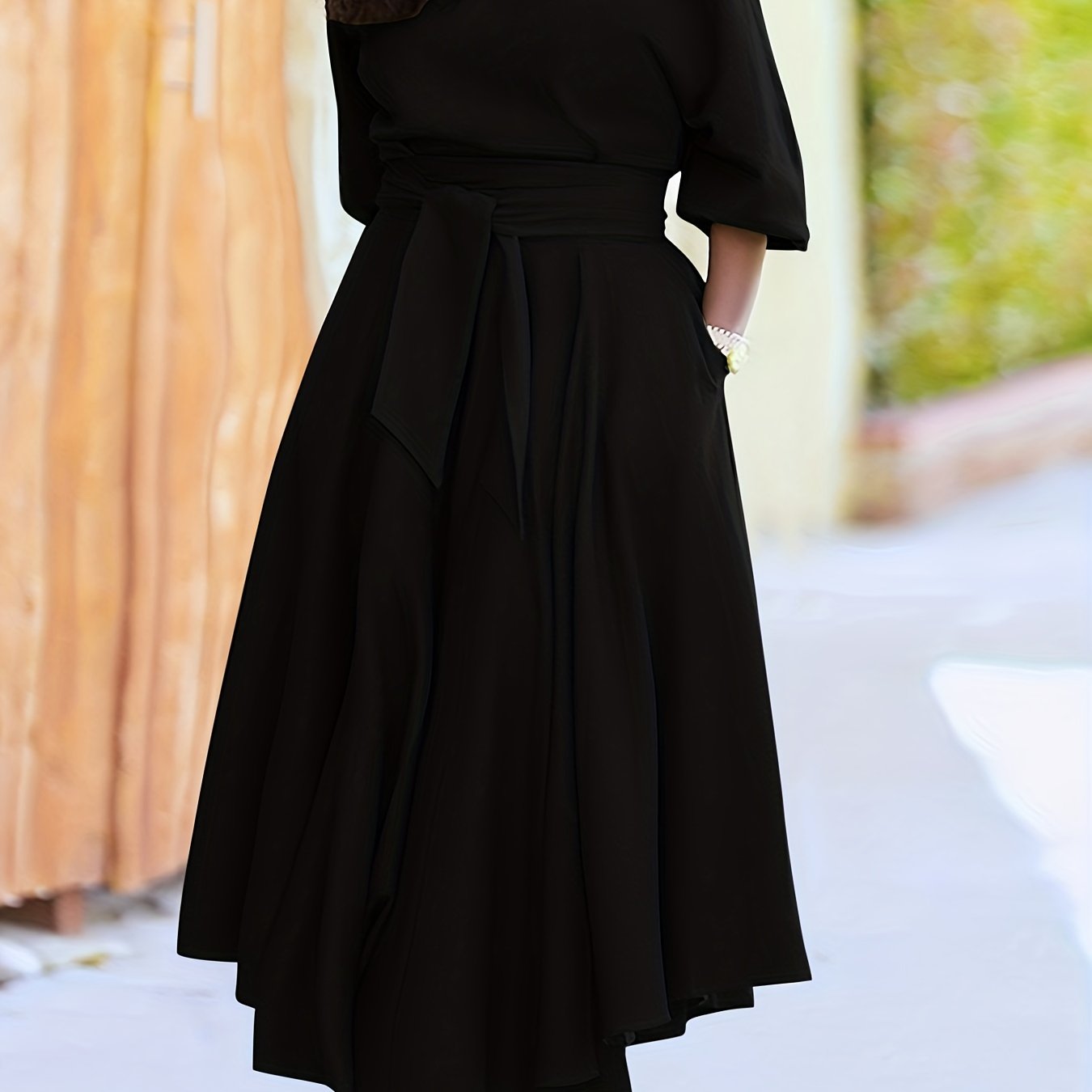 Antmvs Plus Size Casual Dress, Women's Plus Solid Bubble Sleeve One Shoulder Maxi A-line Dress With Belt