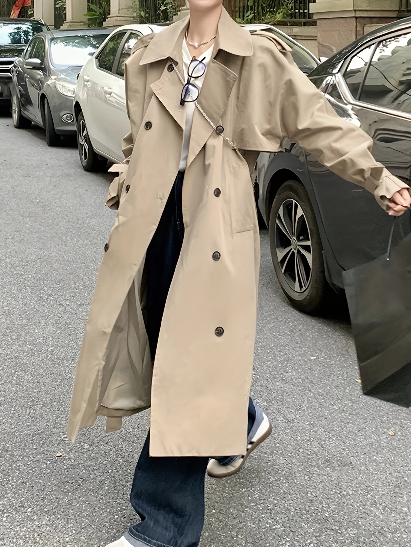 Antmvs Double Breasted Long Length Trench Coat, Casual Solid Long Sleeve Outerwear, Women's Clothing