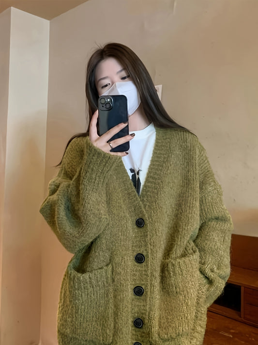 Antmvs Solid Button Down Knit Cardigan, Casual Long Sleeve Dual Pocket Oversized Sweater, Women's Clothing