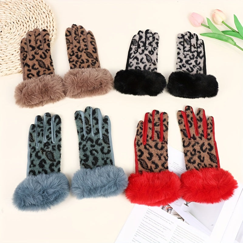 Vintage Leopard Print Faux Fur Cuff Knitted Touchscreen Gloves for Women – Polyester, Full-Finger, Non-Stretch, Stripe Pattern, Mittens for Casual Weekend Use – Warm, Crafted Knitting, No Electricity Required