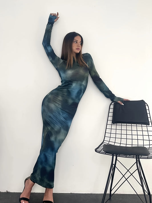 Antmvs Tie Dye Long Sleeve Bodycon Dress, Y2K Crew Neck Maxi Dress, Women's Clothing