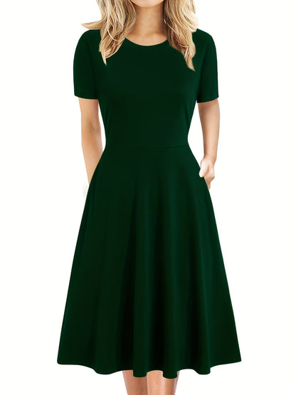 Antmvs Elegant Retro A-line Dress, Short Sleeve Casual Dress For Spring & Summer, Women's Clothing