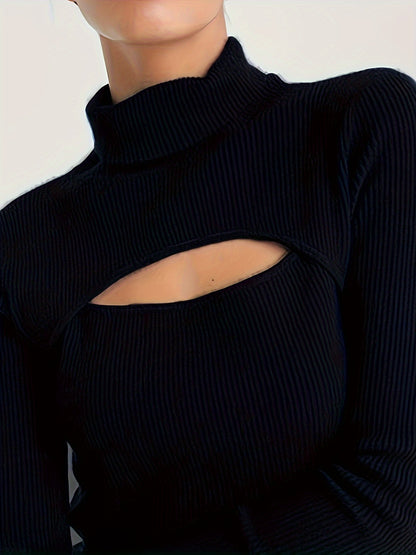 Antmvs Solid Turtle Neck Knitted Top, Casual Cut Out Long Sleeve Slim Sweater, Women's Clothing
