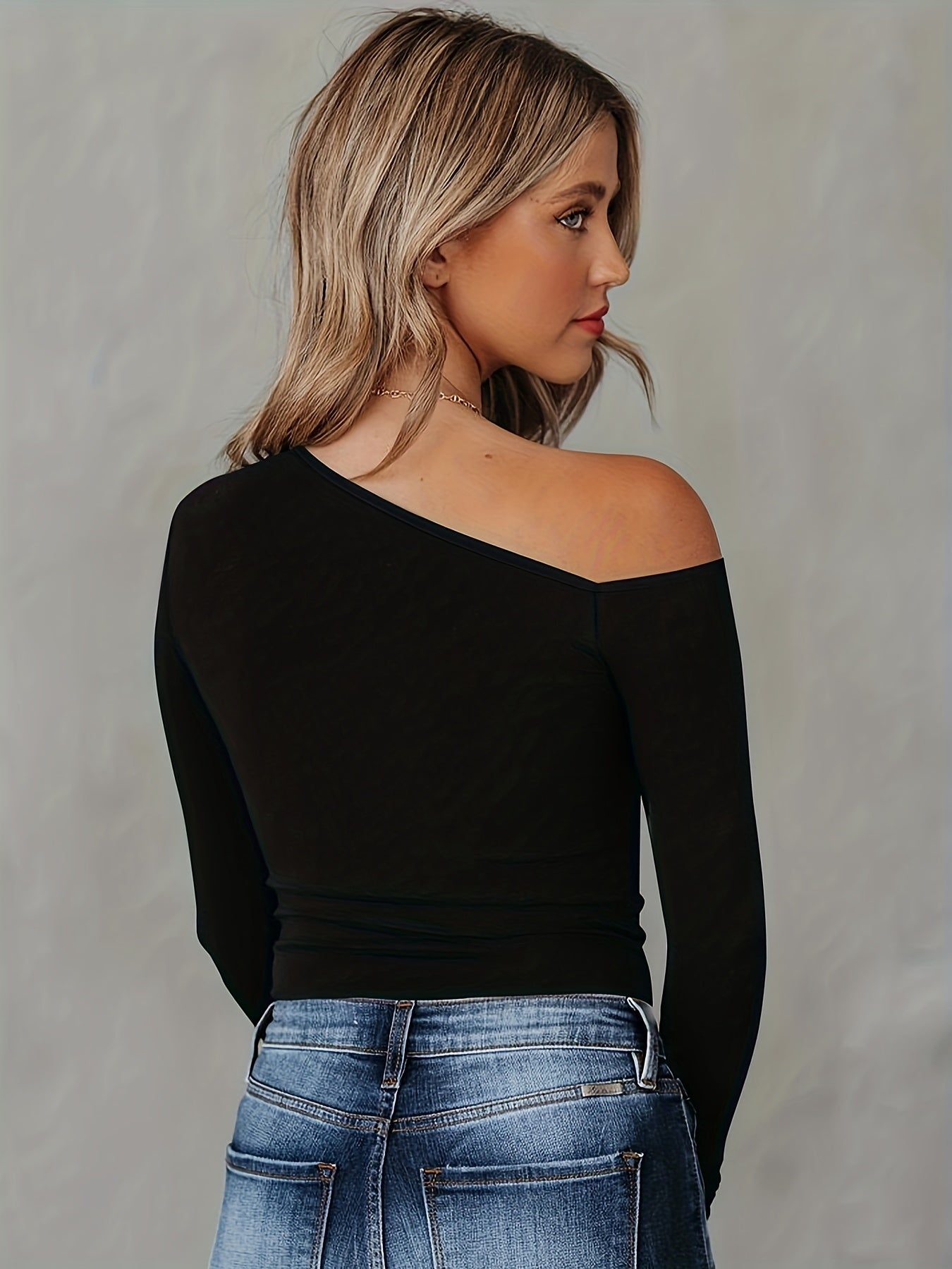 Antmvs Solid Cold Shoulder T-Shirt, Casual Long Sleeve Top For Spring & Fall, Women's Clothing