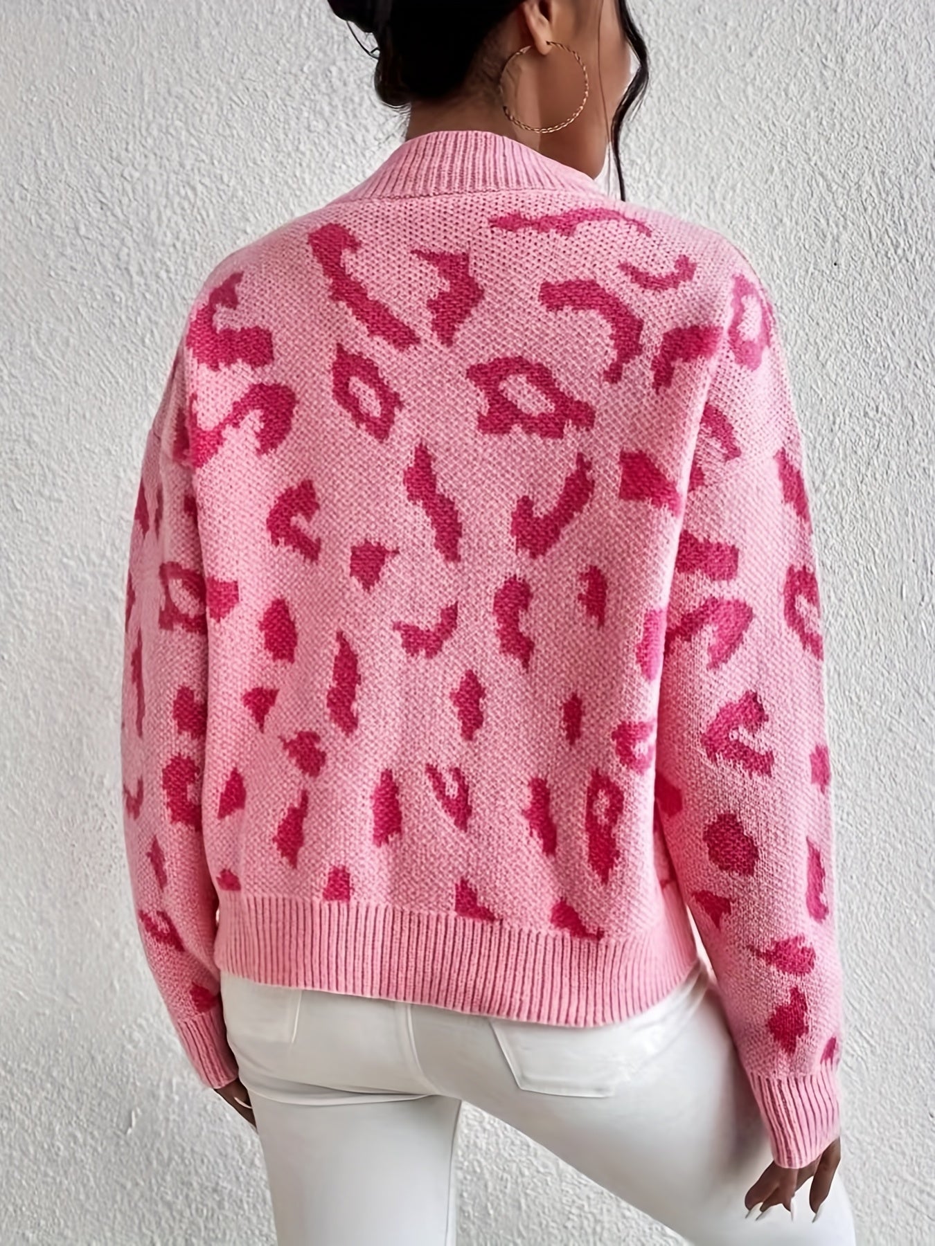 Antmvs Leopard Pattern Mock Neck Sweater, Casual Long Sleeve Sweater For Fall & Winter, Women's Clothing