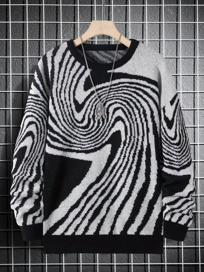 Antmvs Men's Fashion Abstract Graphic Knitted Sweater, Casual Slightly Stretch Breathable Long Sleeve Top For Outdoor Fall Winter